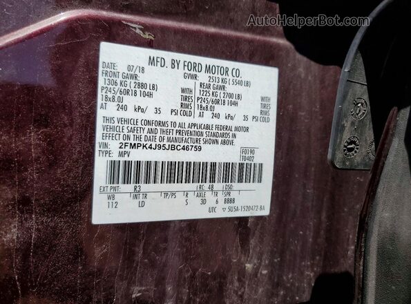 2FMPK4J95JBC46759 2018 FORD EDGE Burgundy VIN sticker view