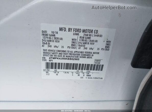 2FMPK4J95KBB02985 2019 FORD EDGE White ძრავის განყოფილების ხედი
