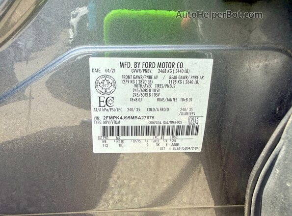 2FMPK4J95MBA27675 2021 FORD EDGE Gray 