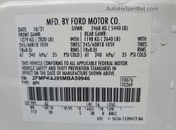 2FMPK4J95MBA59946 2021 FORD EDGE White Widok naklejki z numerem VIN