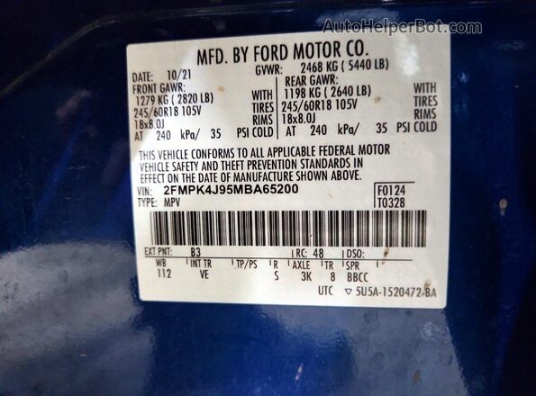 2FMPK4J95MBA65200 2021 FORD EDGE Синий Панорамный вид салона 360°