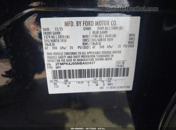 2FMPK4J95NBA02437 2022 FORD EDGE Black Vista del compartimento del motor