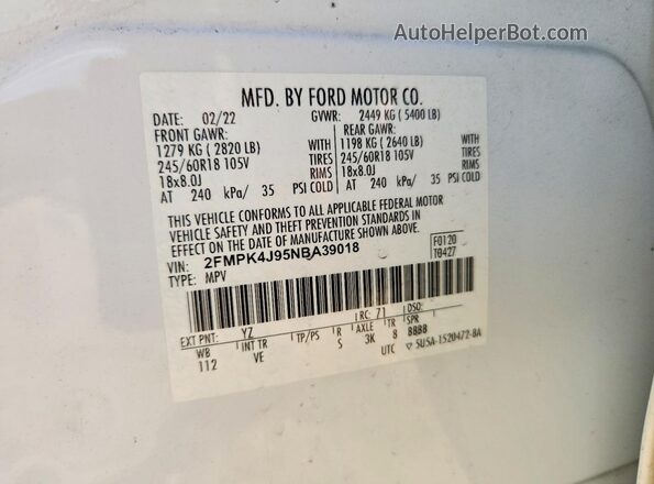 2FMPK4J95NBA39018 2022 FORD EDGE White Widok naklejki z numerem VIN