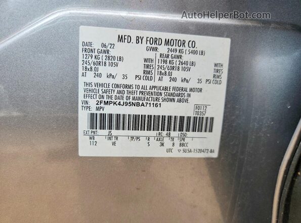 2FMPK4J95NBA71161 2022 FORD EDGE Silver VIN կոդի պիտակի տեսք