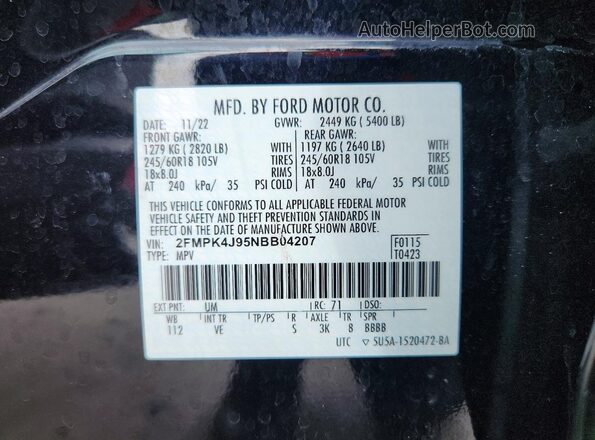 2FMPK4J95NBB04207 2022 FORD EDGE Черный Панорамный вид салона 360°