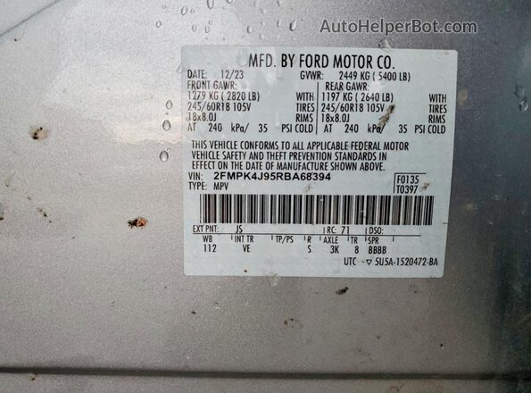 2FMPK4J95RBA68394 2024 FORD EDGE Silver Vista de la etiqueta del VIN