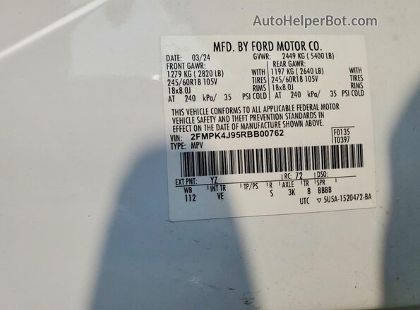 2FMPK4J95RBB00762 2024 FORD EDGE White ძრავის განყოფილების ხედი