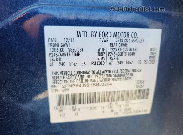 2FMPK4J96HBB33204 2017 FORD EDGE Blue VIN կոդի պիտակի տեսք