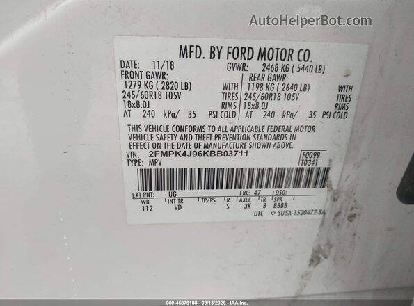 2FMPK4J96KBB03711 2019 FORD EDGE Белый Вид подкапотного пространства