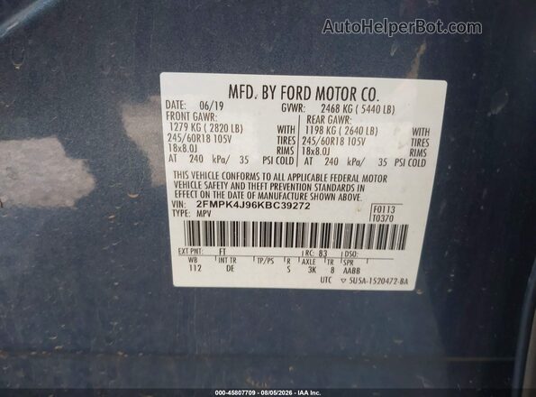 2FMPK4J96KBC39272 2019 FORD EDGE Blue Շարժիչի բաժամունքի տեսք