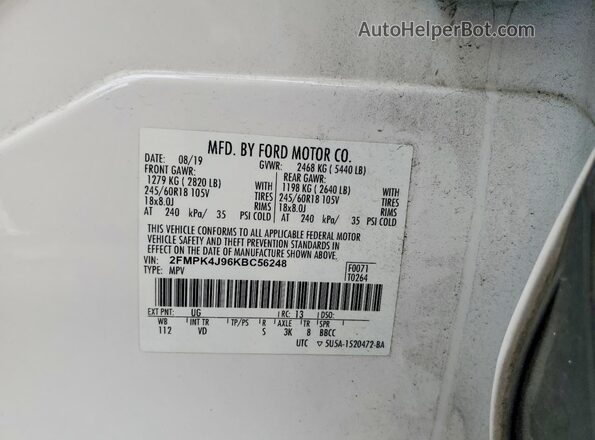 2FMPK4J96KBC56248 2019 FORD EDGE White VIN კოდის სტიკერის ხედი