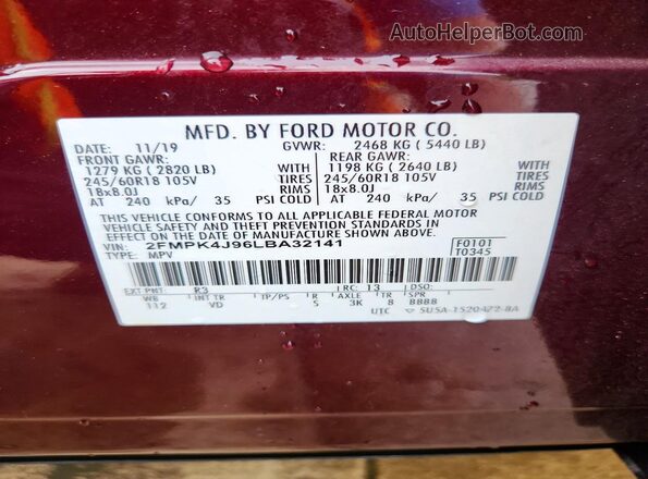 2FMPK4J96LBA32141 2020 FORD EDGE Burgundy Widok naklejki z numerem VIN