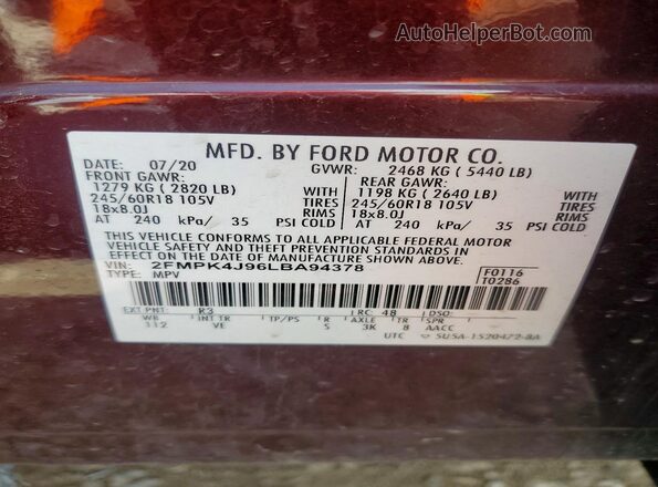 2FMPK4J96LBA94378 2020 FORD EDGE Maroon Вид наклейки з VIN-кодом