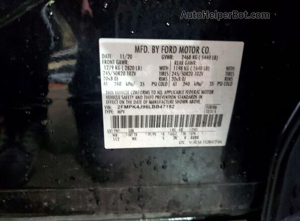 2FMPK4J96LBB47192 2020 FORD EDGE Черный Вид наклейки с VIN-кодом