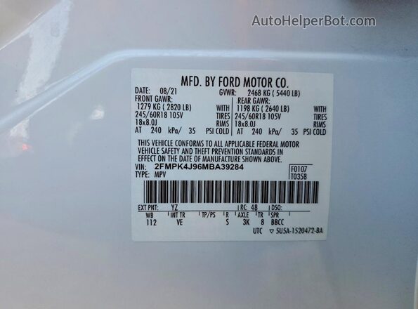 2FMPK4J96MBA39284 2021 FORD EDGE White Вид наклейки з VIN-кодом