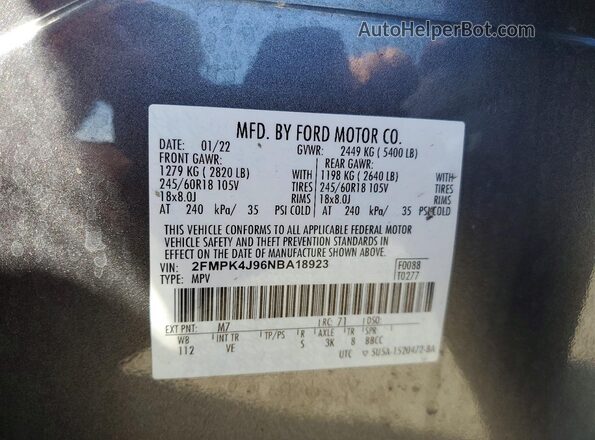 2FMPK4J96NBA18923 2022 FORD EDGE Серый Вид наклейки с VIN-кодом