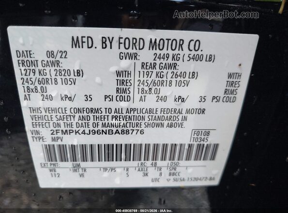 2FMPK4J96NBA88776 2022 FORD EDGE Black Vista del compartimento del motor