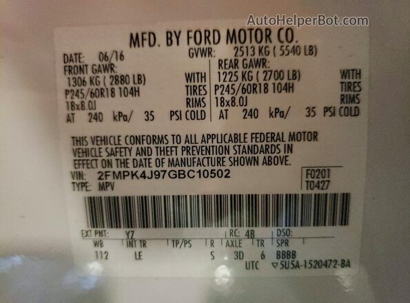 2FMPK4J97GBC10502 2016 FORD EDGE White VIN կոդի պիտակի տեսք