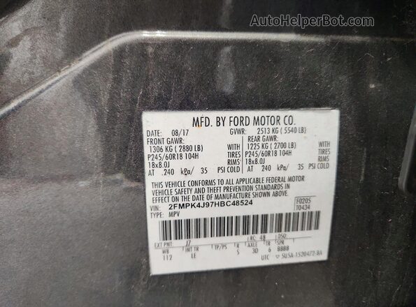 2FMPK4J97HBC48524 2017 FORD EDGE Gray VIN კოდის სტიკერის ხედი