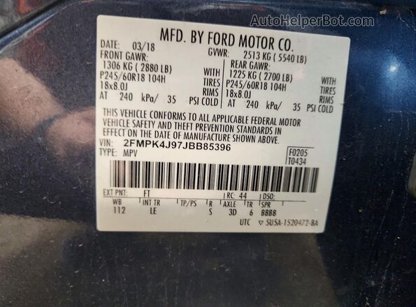 2FMPK4J97JBB85396 2018 FORD EDGE Blue VIN კოდის სტიკერის ხედი