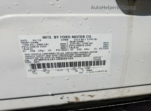 2FMPK4J97JBB99105 2018 FORD EDGE White Vista de la etiqueta del VIN