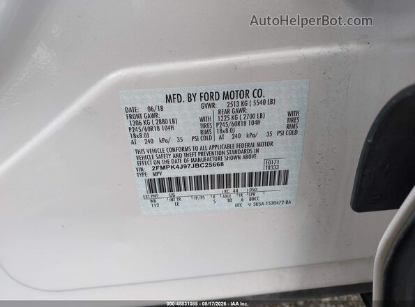 2FMPK4J97JBC25668 2018 FORD EDGE White ძრავის განყოფილების ხედი