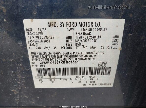 2FMPK4J97KBB03586 2019 FORD EDGE Blue Շարժիչի բաժամունքի տեսք