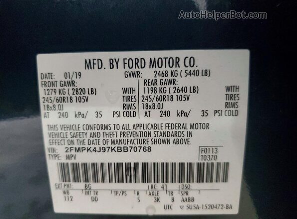 2FMPK4J97KBB70768 2019 FORD EDGE Teal Widok naklejki z numerem VIN