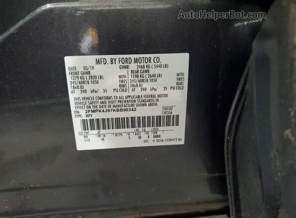 2FMPK4J97KBB90342 2019 FORD EDGE Gray სალონის 360-გრადუსიანი ხედი