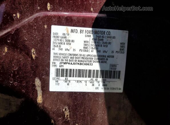 2FMPK4J97KBC60633 2019 FORD EDGE Red VIN կոդի պիտակի տեսք
