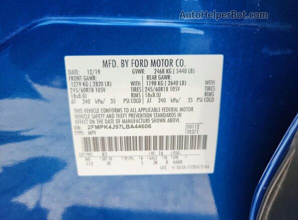 2FMPK4J97LBA44606 2020 FORD EDGE Синий Вид наклейки с VIN-кодом