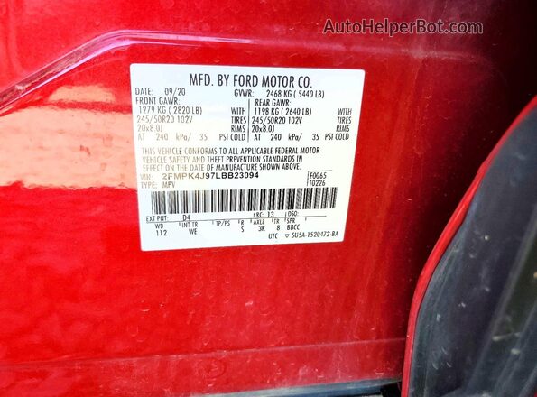 2FMPK4J97LBB23094 2020 FORD EDGE Red Vista de la etiqueta del VIN