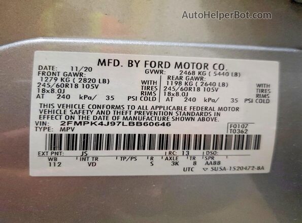 2FMPK4J97LBB60646 2020 FORD EDGE Silver Vista de la etiqueta del VIN