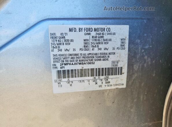 2FMPK4J97MBA10652 2021 FORD EDGE Silver Vista de la etiqueta del VIN