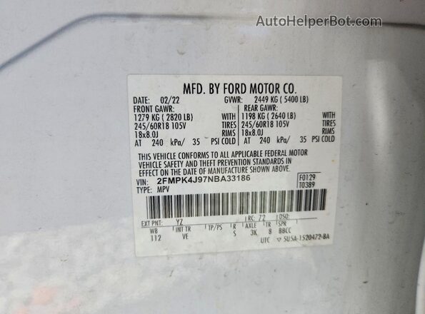 2FMPK4J97NBA33186 2022 FORD EDGE Белый Вид наклейки с VIN-кодом