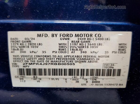 2FMPK4J97RBB00505 2024 FORD EDGE Blue ძრავის განყოფილების ხედი