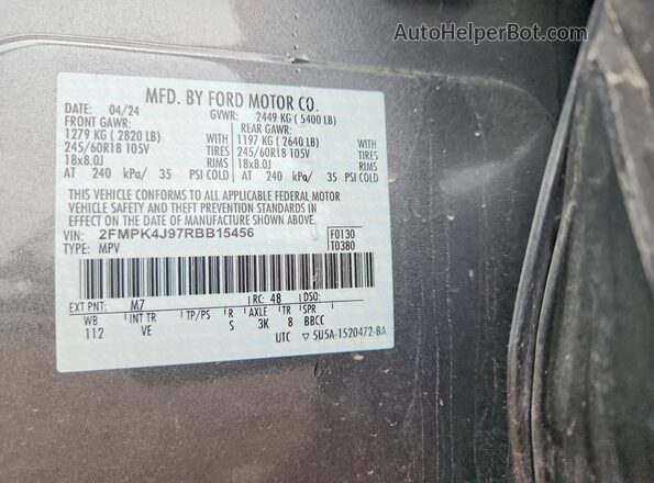 2FMPK4J97RBB15456 2024 FORD EDGE Gray Widok naklejki z numerem VIN