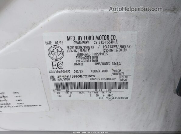2FMPK4J98GBC21878 2016 FORD EDGE White Շարժիչի բաժամունքի տեսք