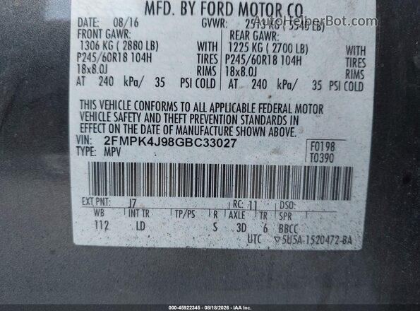 2FMPK4J98GBC33027 2016 FORD EDGE Серый Вид подкапотного пространства