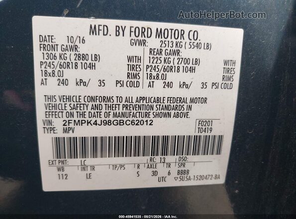2FMPK4J98GBC62012 2016 FORD EDGE Blue ძრავის განყოფილების ხედი
