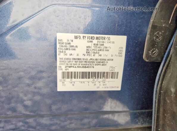2FMPK4J98JBB49376 2018 FORD EDGE Blue VIN კოდის სტიკერის ხედი