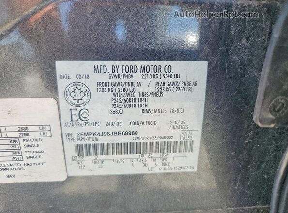 2FMPK4J98JBB68980 2018 FORD EDGE Серый Вид наклейки с VIN-кодом