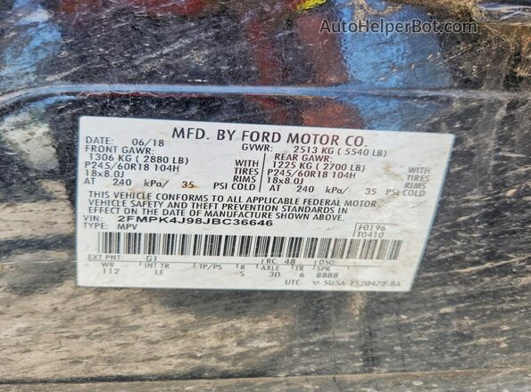 2FMPK4J98JBC36646 2018 FORD EDGE Black Widok naklejki z numerem VIN