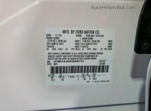 2FMPK4J98KBB46723 2019 FORD EDGE White Vista de la etiqueta del VIN