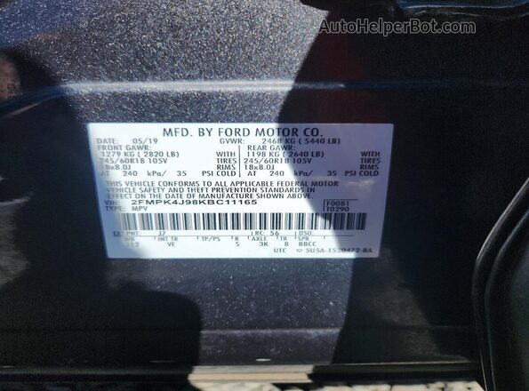 2FMPK4J98KBC11165 2019 FORD EDGE Gray Вид наклейки з VIN-кодом