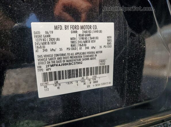 2FMPK4J98KBC37992 2019 FORD EDGE Black Vista de la etiqueta del VIN