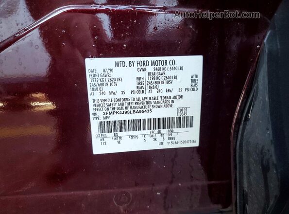 2FMPK4J98LBA95435 2020 FORD EDGE Maroon Widok wnętrza 360 stopni