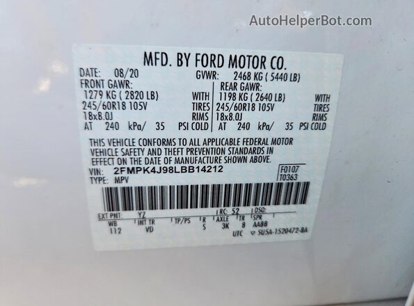 2FMPK4J98LBB14212 2020 FORD EDGE White Вид підкапотного простору