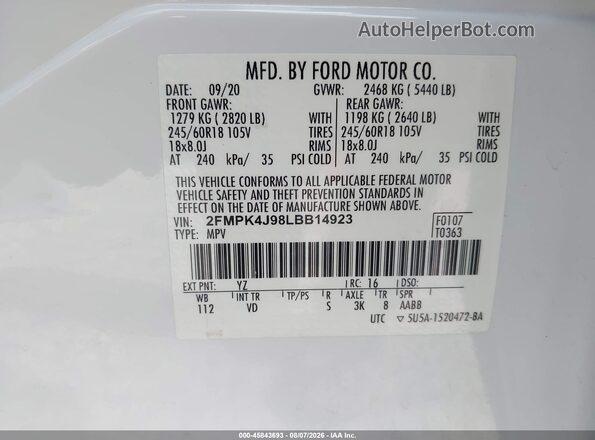 2FMPK4J98LBB14923 2020 FORD EDGE White Շարժիչի բաժամունքի տեսք