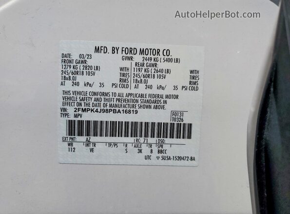 2FMPK4J98PBA16819 2023 FORD EDGE White Vista de la etiqueta del VIN